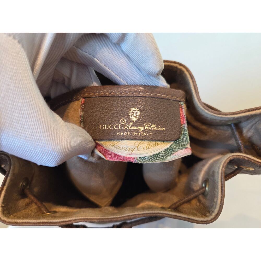 Gucci GG Supreme Monogram Bucket Bag Brown Leather Drawstring Vintage Web Stripe - Picture 11 of 15